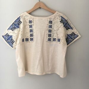 Embroidered Boho Cream Crop Top Bohemian Hippie Blue Tee Shirt Cotton Love83
